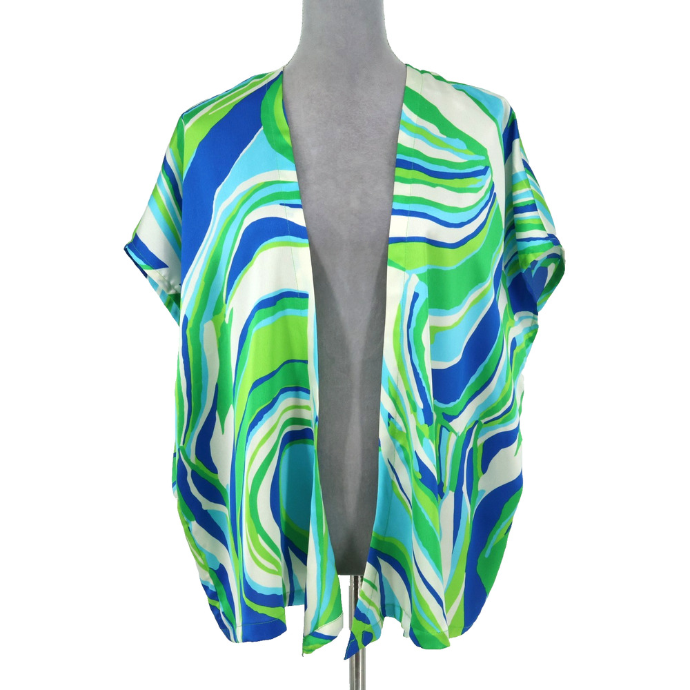 Julie Brown Jacket Top Womens Small Blue Green Open Front Lightweight Kimono